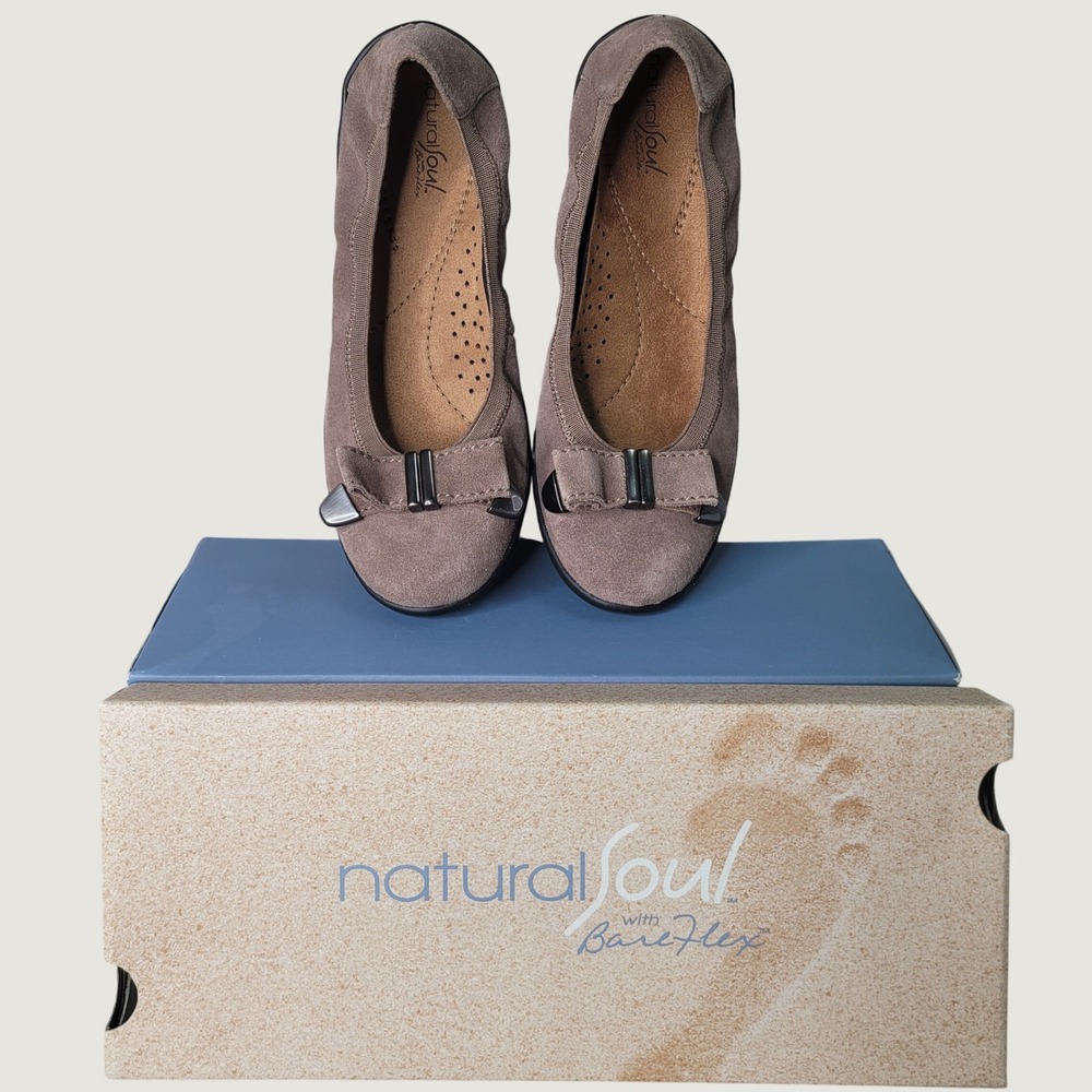 Natural Soul Stephanie Taupe Bow Ballet Flats Shoes Womens 6.5 M B2725M1251